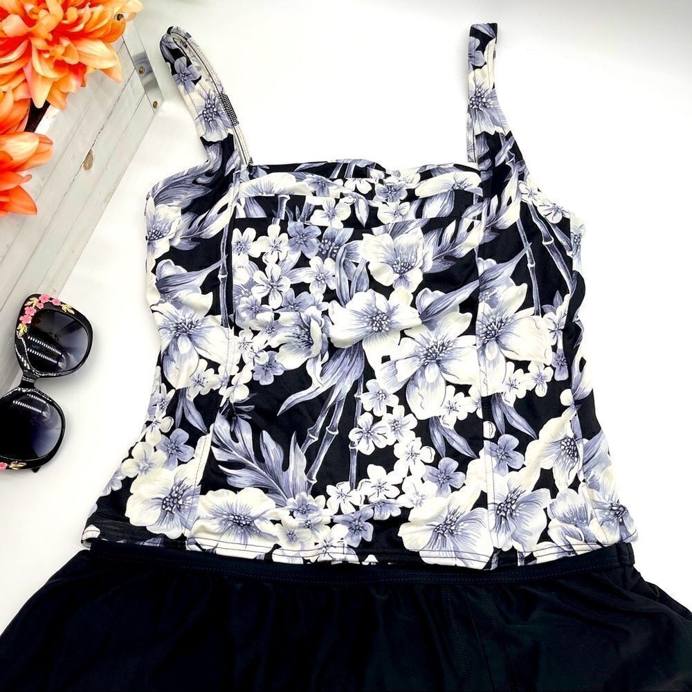 Mainstream Gray Black Floral Pleated Tankini Top Sz 16
